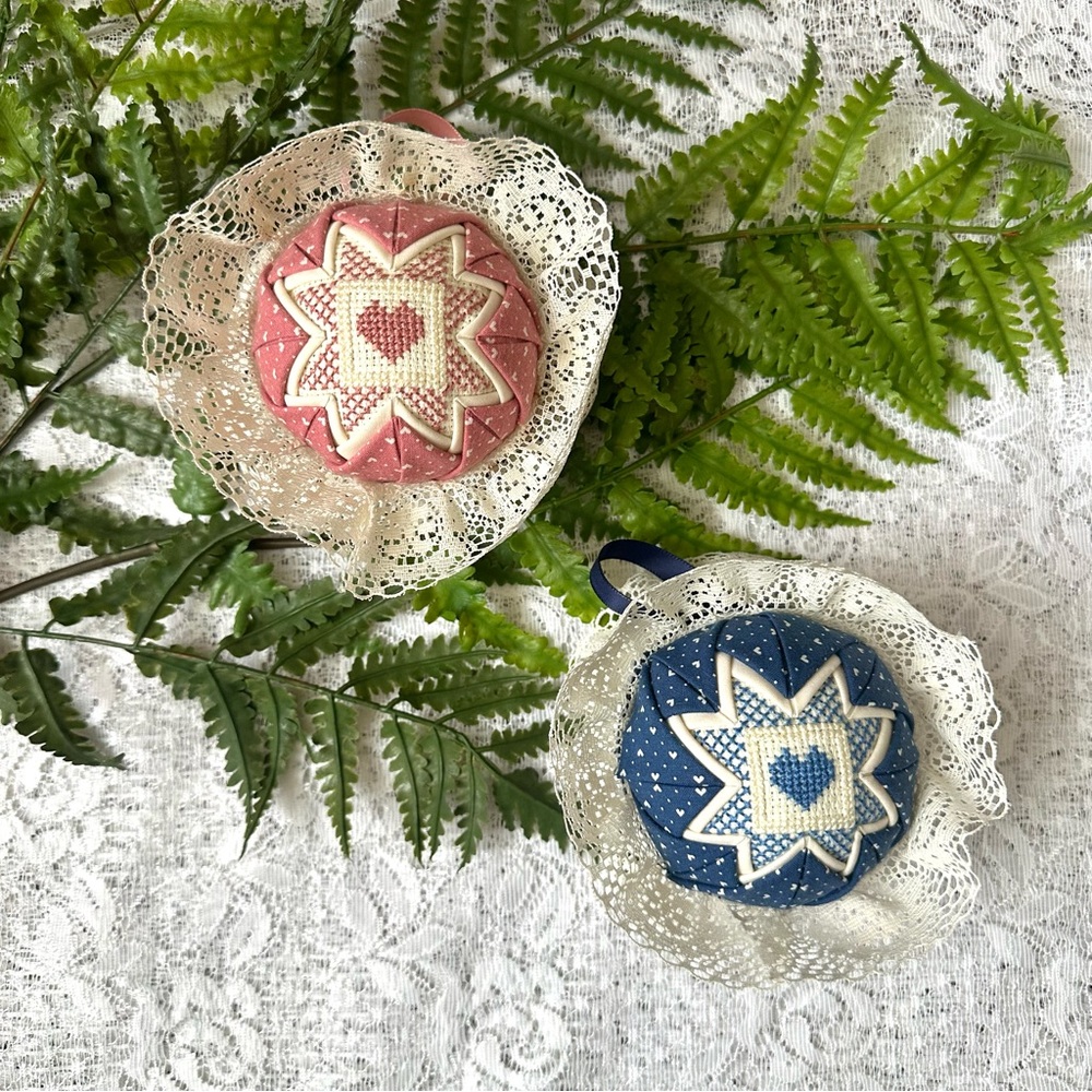 Vintage Handmade Star Quilt Blue & Pink Ornaments